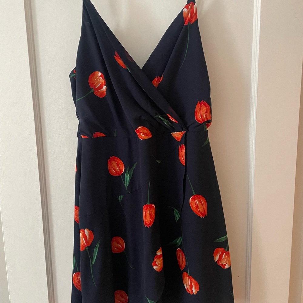 NWT Lush Navy Dress with Red and Orange Floral Design